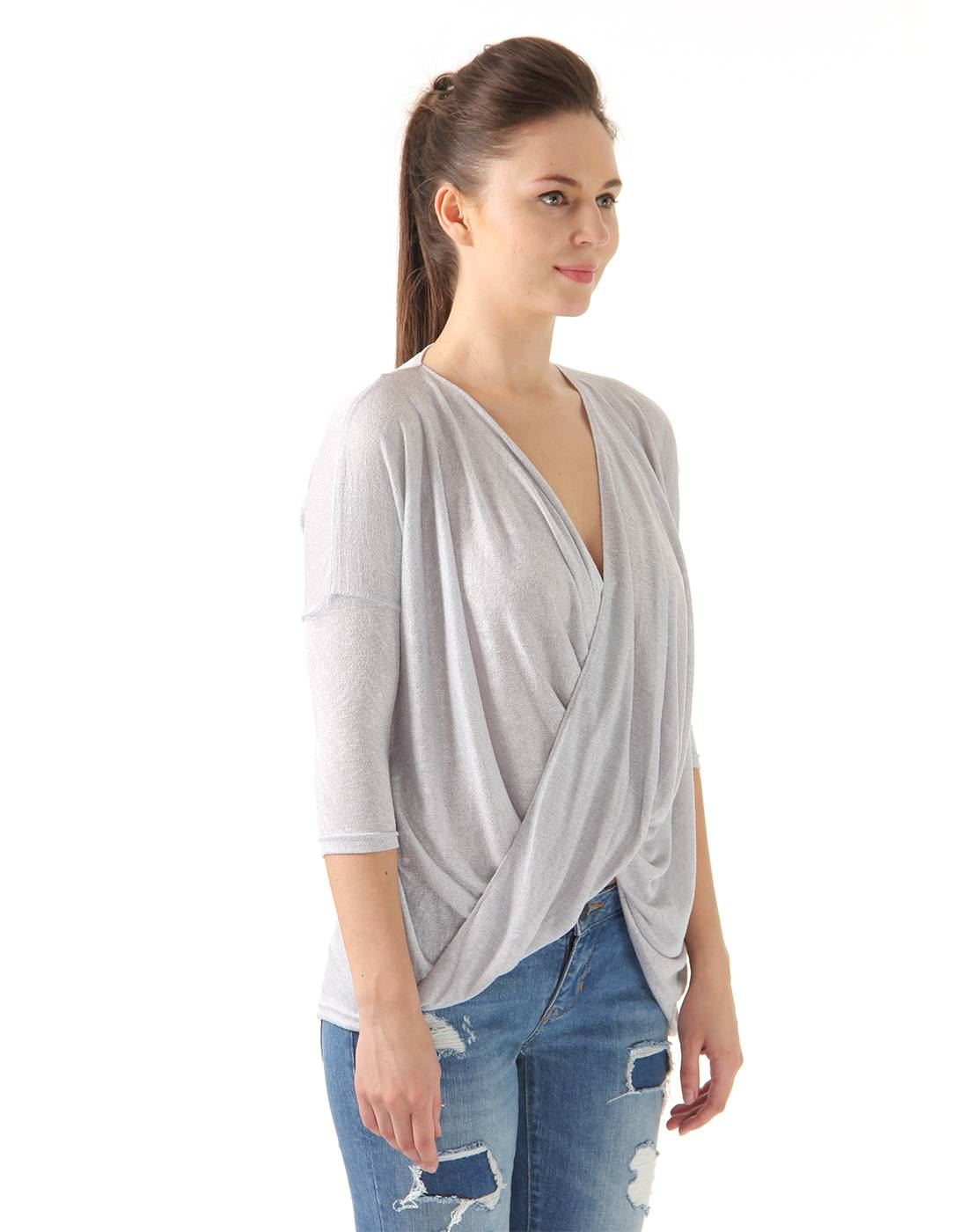 Ax Paris Women Casual Wear Grey Asymmetric Top